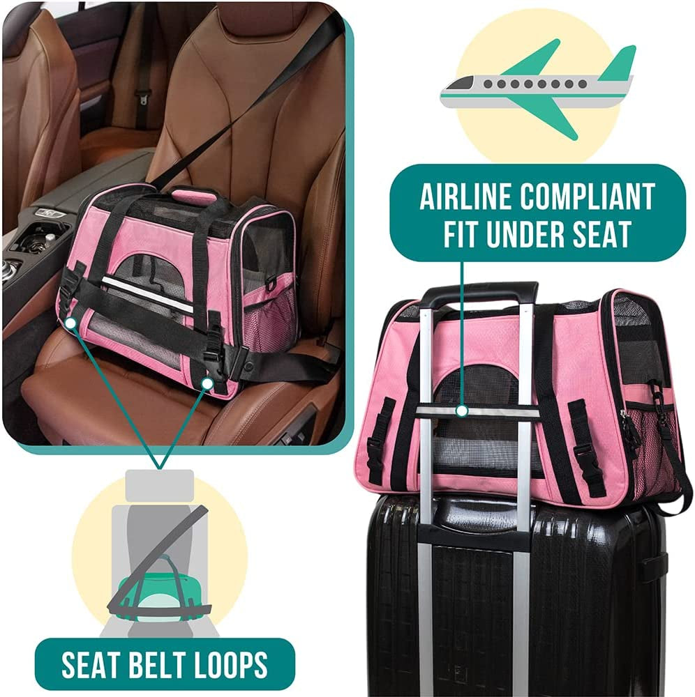 Airline Approved Pet Carrier for Cats & Small Dogs, Soft Sided TSA Travel Carrier Bag with Sherpa Bed, Breathable Mesh Ventilation, Collapsible Bowl, Fits under Seat, up to 18 Lbs, Large Pink