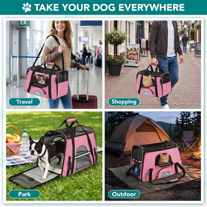 Airline Approved Pet Carrier for Cats & Small Dogs, Soft Sided TSA Travel Carrier Bag with Sherpa Bed, Breathable Mesh Ventilation, Collapsible Bowl, Fits under Seat, up to 18 Lbs, Large Pink