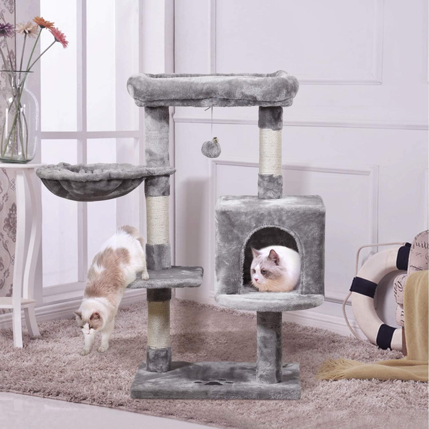 Cat Tree Tower 36.7In with Padded Plush Perches, Condo, Hammock & Cat Scratching Post for Kittens, Large Cats, Gray